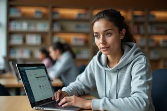 Étudiante de Bordeaux INP utilisant l'ENT sur son ordinateur portable dans une bibliothèque universitaire moderne en 2026