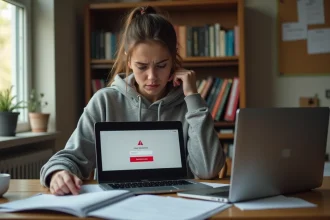 Étudiante frustrée devant un écran d'erreur de connexion sur le portail mycampus.eduservices.org
