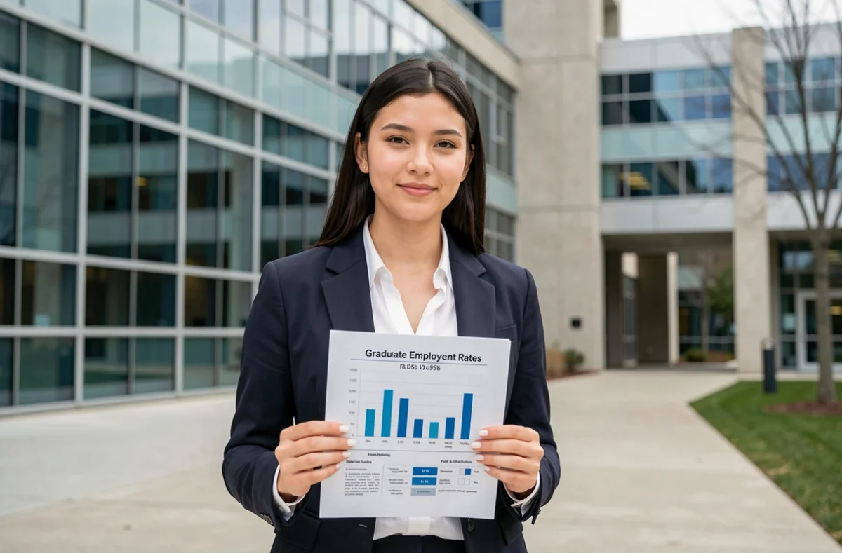 Étudiante en ingénierie analysant des statistiques d'insertion professionnelle devant un campus moderne d'école d'ingénieurs