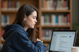Étudiante consultant sa messagerie Zimbra sur un ordinateur portable dans une bibliothèque universitaire