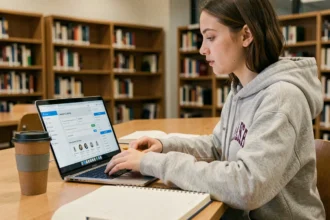 Étudiante de PSB accédant à la plateforme e-learning sur son ordinateur portable dans une bibliothèque universitaire moderne