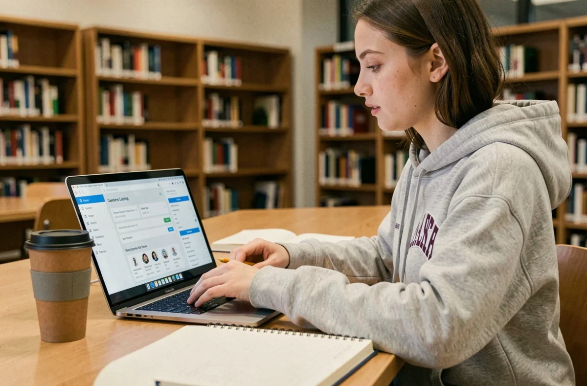 Étudiante de PSB accédant à la plateforme e-learning sur son ordinateur portable dans une bibliothèque universitaire moderne