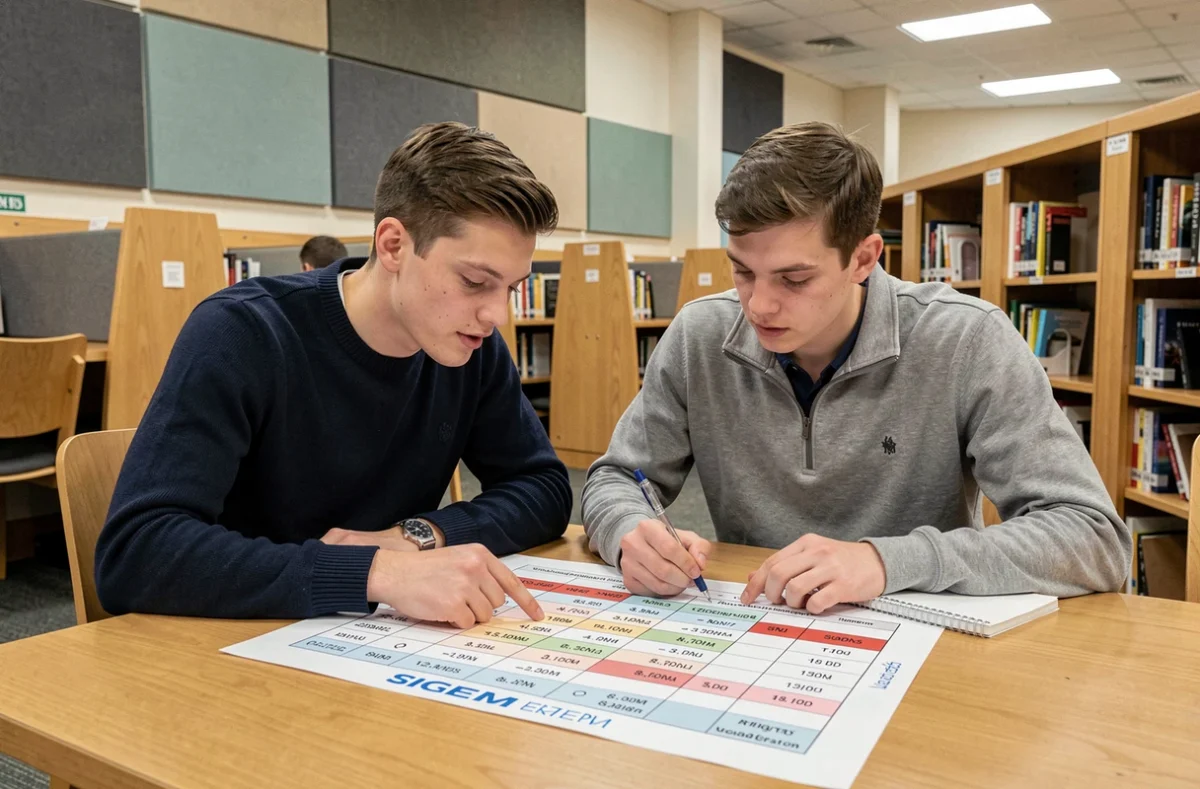 Deux étudiants comparant le classement SIGEM 2026 à la bibliothèque universitaire pour préparer leurs vœux