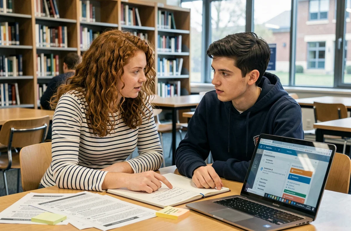 Deux étudiants universitaires pratiquant la traduction du conditionnel présent du français vers l'espagnol ensemble à la bibliothèque