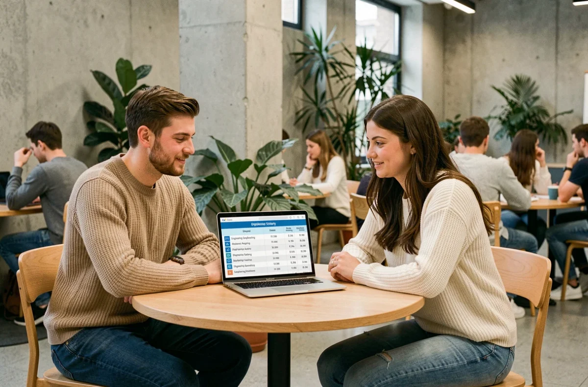 Deux étudiants comparant des classements et taux d'insertion professionnelle d'écoles d'ingénieurs sur un ordinateur portable dans un espace de travail collaboratif