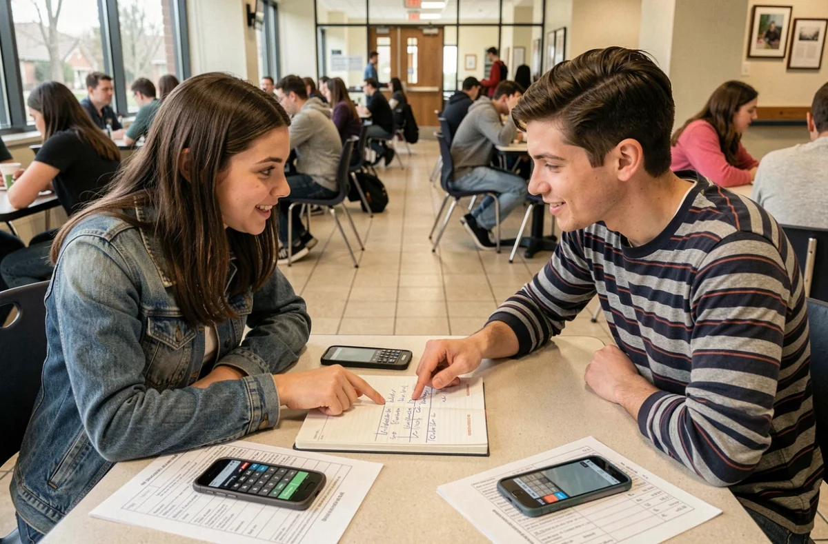 Deux étudiants comparant leurs notes et coefficients pour calculer leur moyenne aux partiels