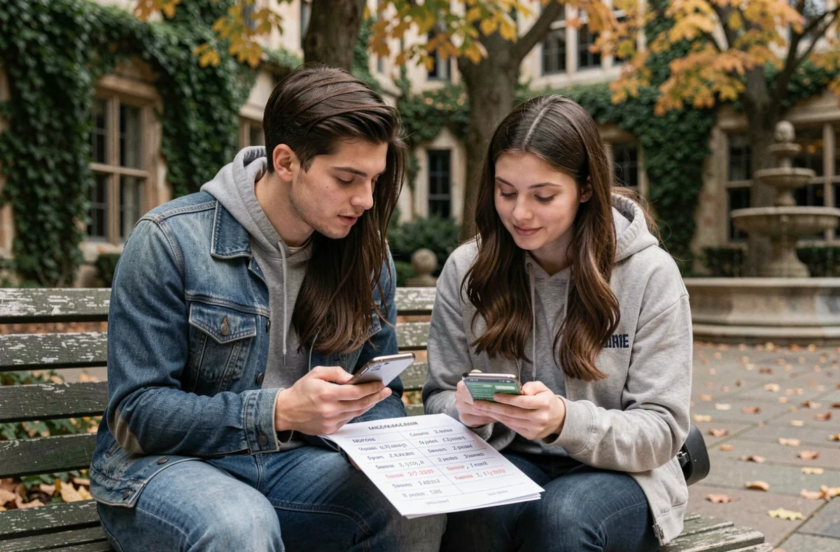 Deux étudiants comparant la conjugaison des verbes espagnols et français sur une application mobile en plein air
