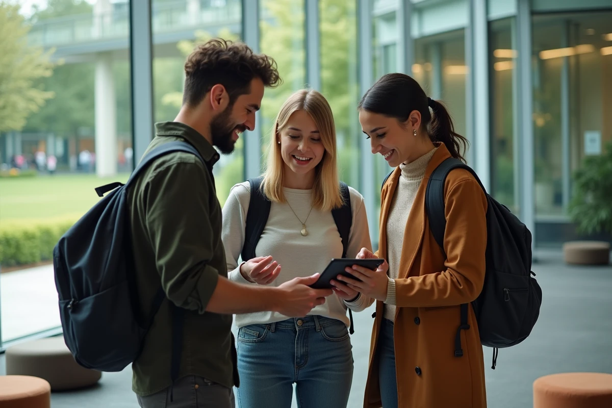 Groupe d'étudiants de Bordeaux INP consultant les nouveautés de l'ENT sur une tablette dans un espace commun du campus