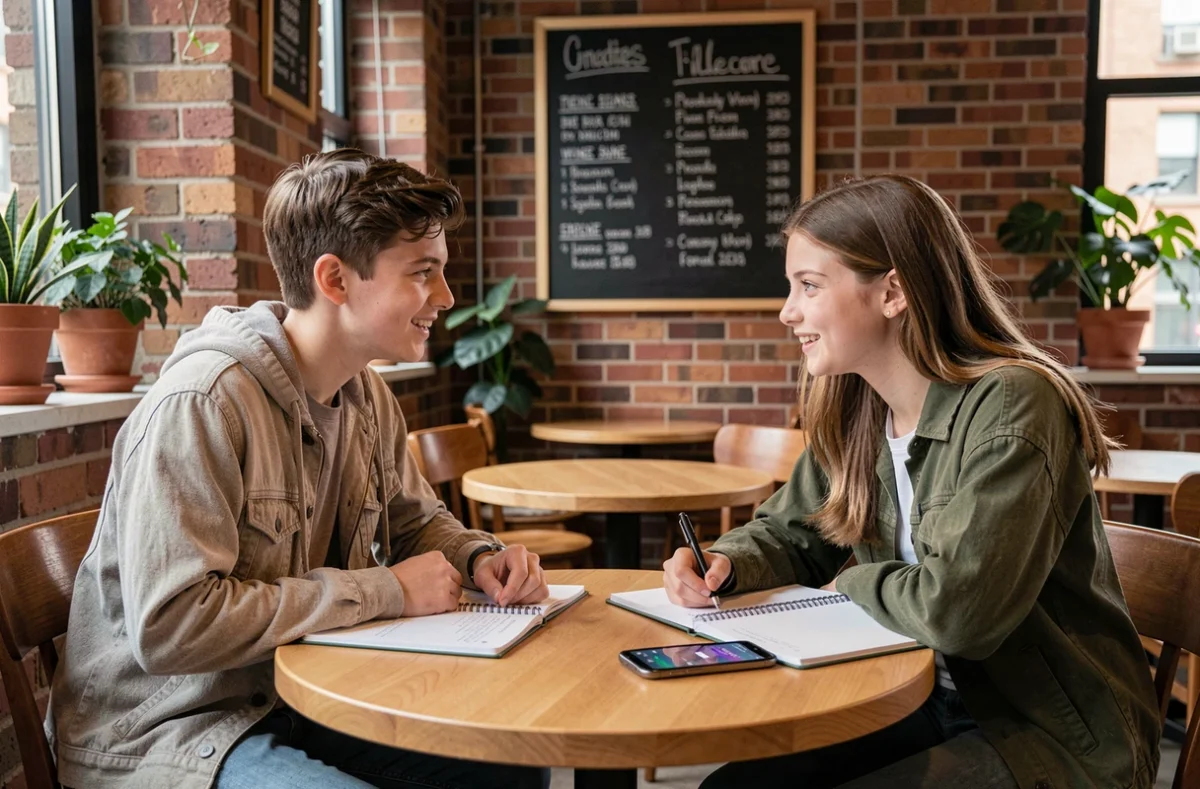 Deux lycéens révisant ensemble dans un café avec des cahiers et une application de suivi de devoirs sur smartphone