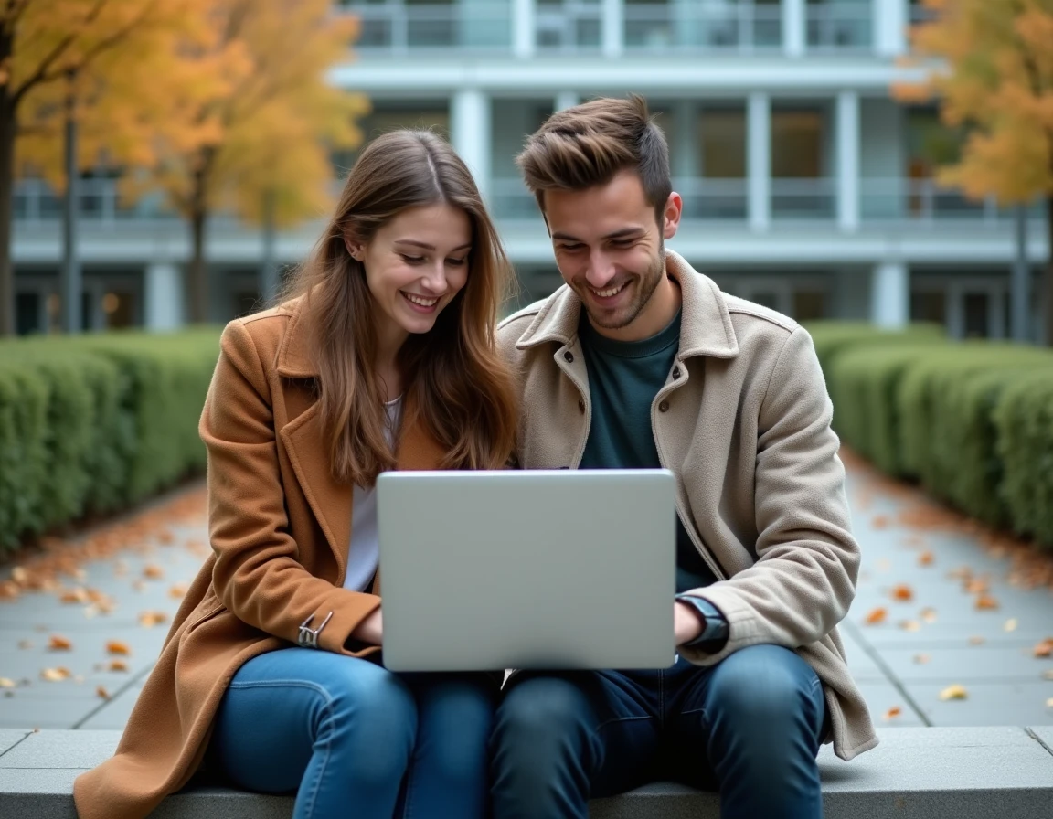 Deux étudiants consultant la messagerie Zimbra de l'Université d'Angers sur un campus en automne