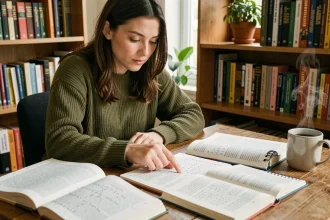 Jeune femme étudiant la conjugaison des verbes espagnols et français avec des manuels ouverts sur un bureau en bois