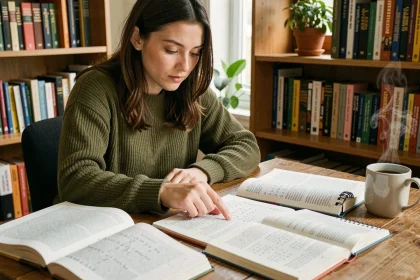 Jeune femme étudiant la conjugaison des verbes espagnols et français avec des manuels ouverts sur un bureau en bois