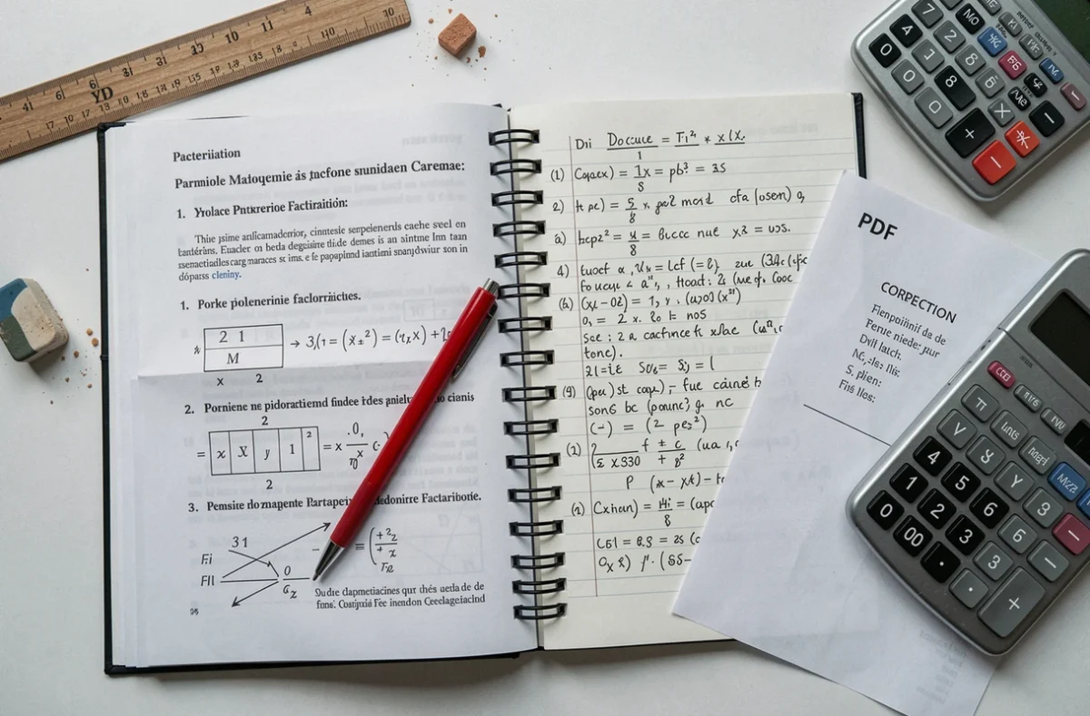 Vue de dessus d'une table d'étudiant avec des exercices corrigés de factorisation pour préparer le brevet 2026, cahier et fiche PDF imprimée