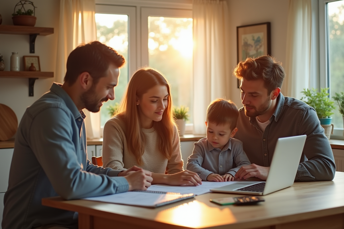 Famille planifiant leur budget mensuel à la maison
