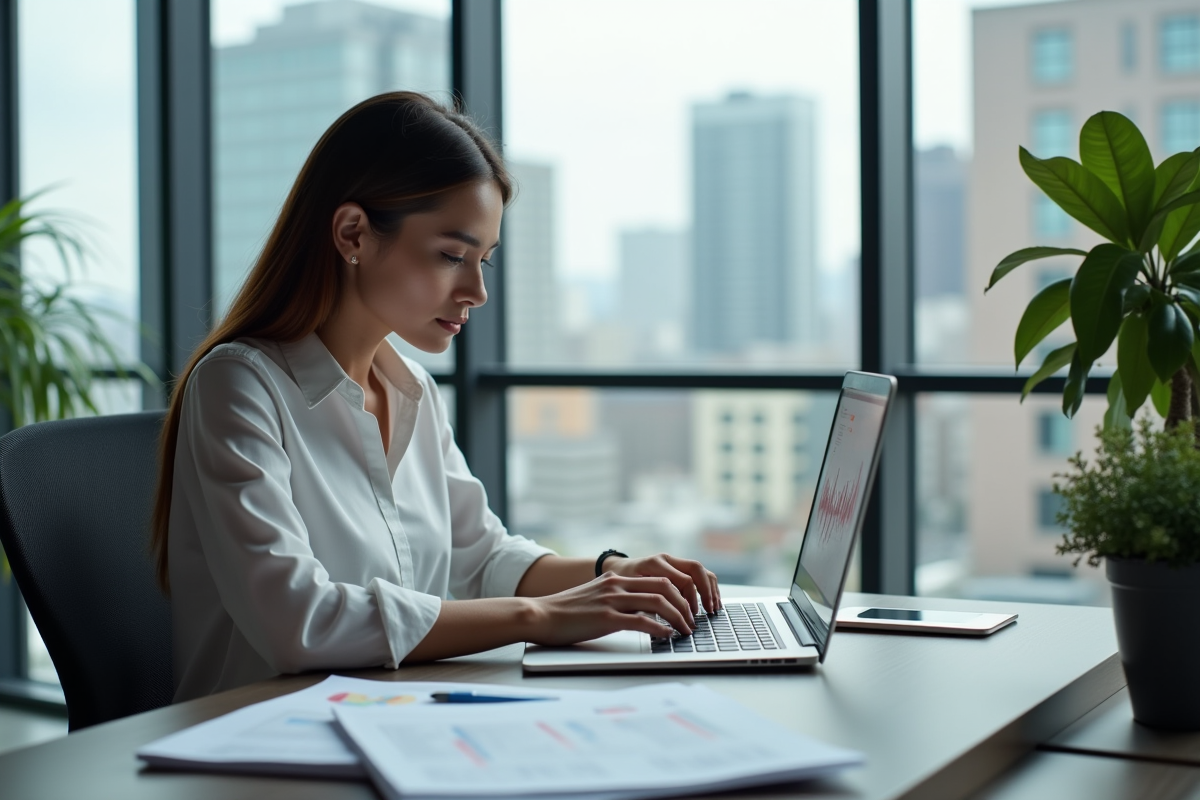 Femme d'affaires analysant des données marketing sur son ordinateur