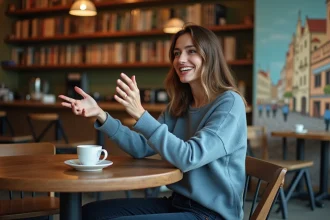 Femme souriante parlant espagnol dans un café chaleureux