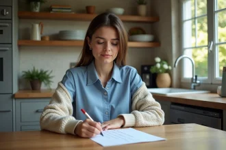 Jeune femme annotant une liste de verbes français à la maison