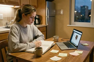 Femme autodidacte étudiant le soir à la maison après le travail, entourée de livres, de notes et d'un ordinateur portable
