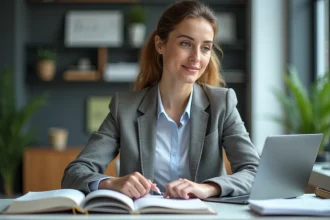 Femme confiante au bureau avec livres et ordinateur