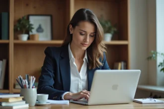 Femme en bureau moderne travaillant sur son ordinateur portable