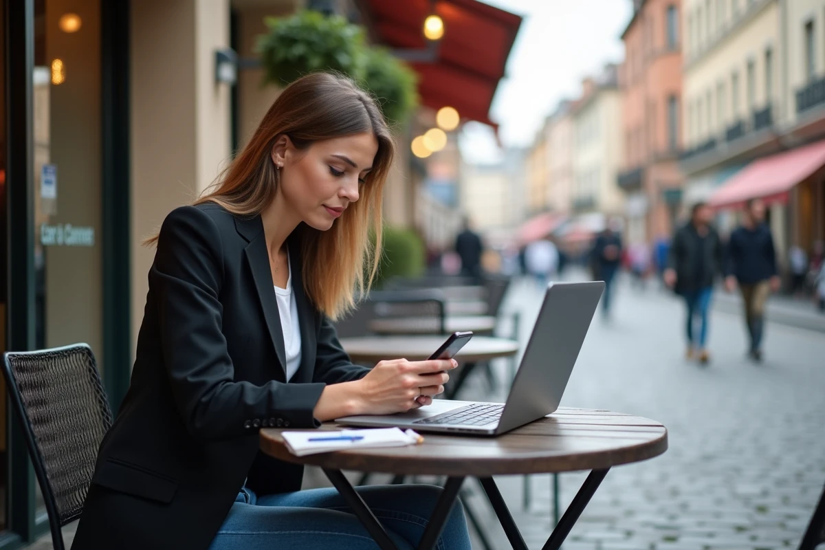 Jeune femme vérifiant son smartphone au café en ville