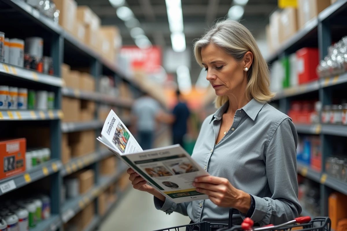 Femme comparant des brochures de formation bricolage dans un magasin de bricolage