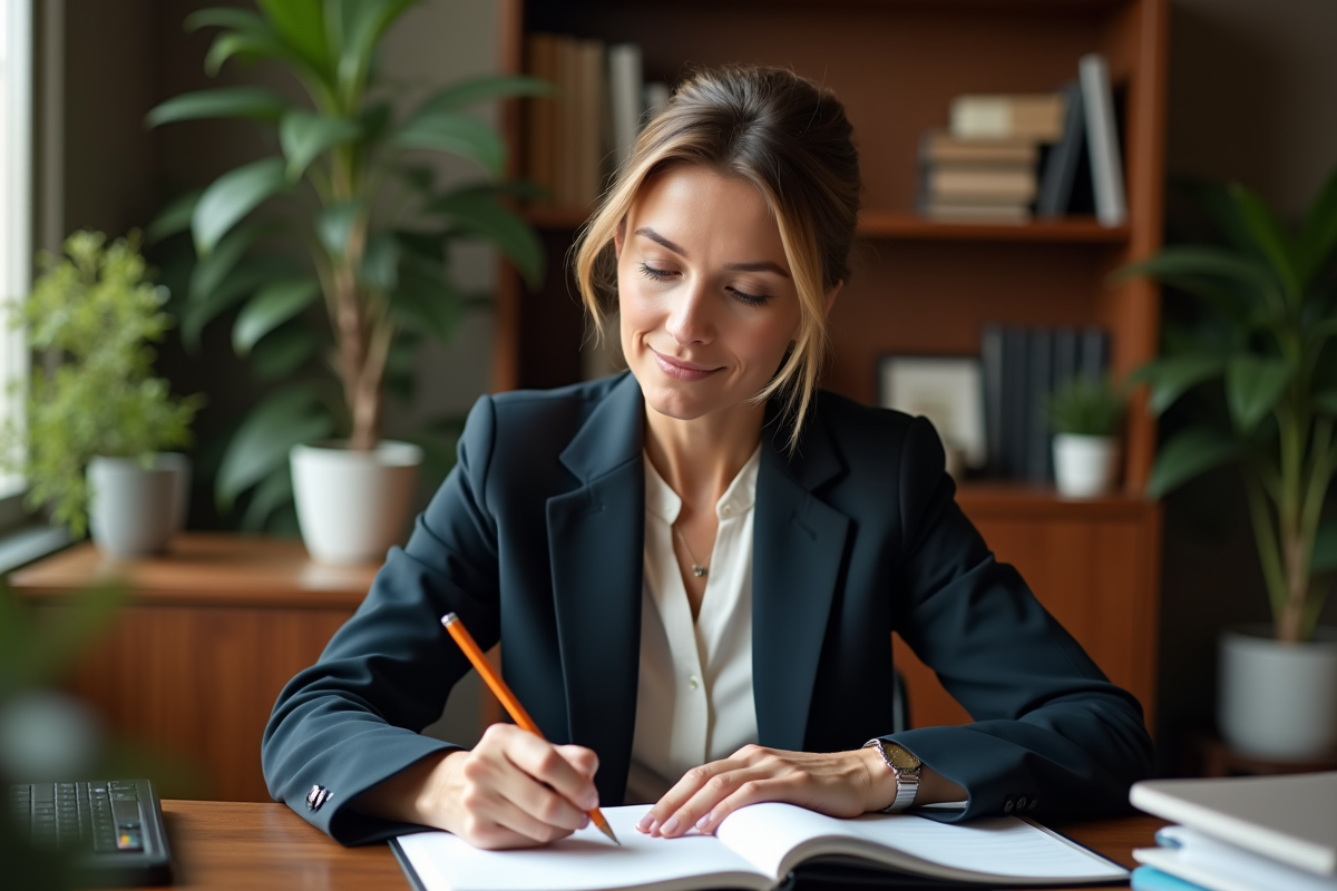 Femme civil servant prenant des notes à son bureau