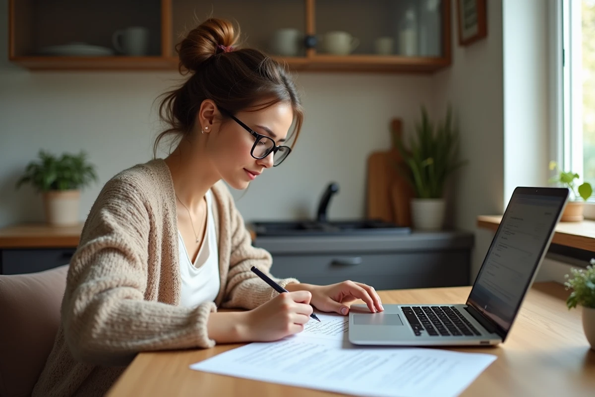 Jeune femme à la maison en train de faire un exercice de conjugaison