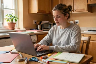Femme consultant un cours de bricolage en ligne avec des fournitures créatives et un carnet de budget sur une table en bois