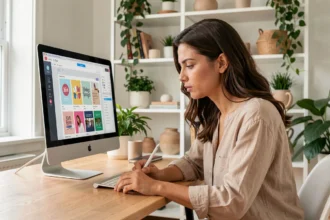 Femme suivant un cours Canva en ligne sur son iMac dans un bureau moderne et lumineux