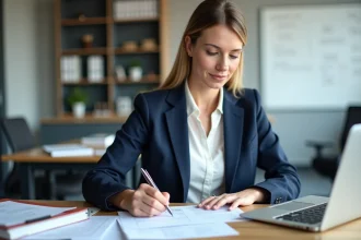Femme préparant son dossier PIA Académie de Grenoble en 2026, assise à un bureau administratif avec des formulaires officiels