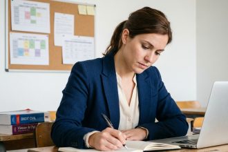 Femme concentrée en classe à Béziers avec cahier et stylo