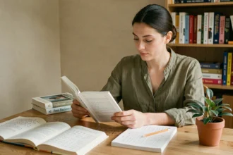 Femme étudiant la traduction du conditionnel présent français vers l'espagnol à son bureau avec des manuels de grammaire ouverts