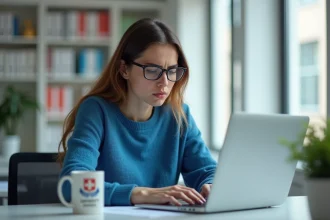 Jeune femme assise à un bureau universitaire regardant un message d'alerte email