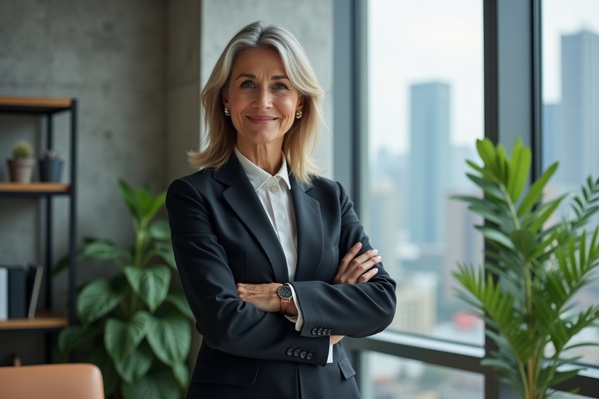 Femme cadre confiante devant une grande fenêtre urbaine