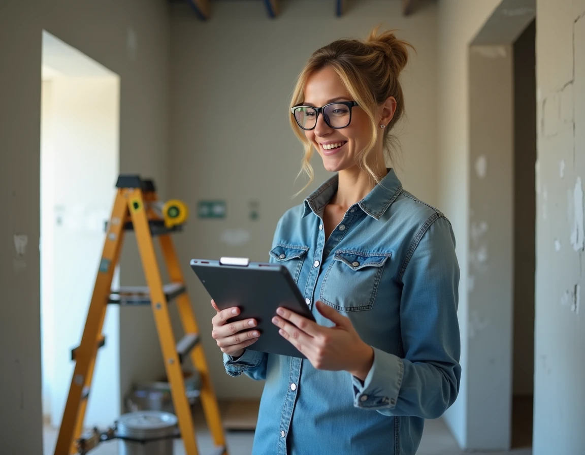 Femme consultan une formation en ligne certification bricolage sur tablette dans un chantier de rénovation intérieure