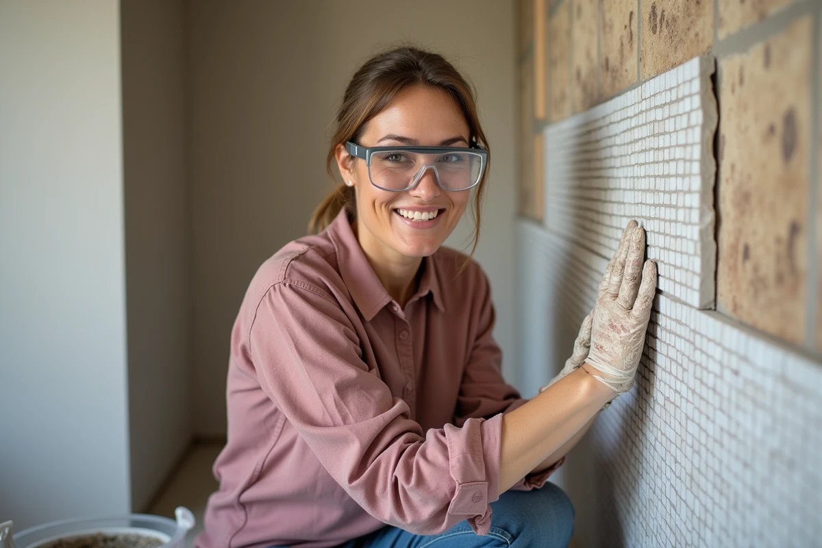 Femme en formation bricolage posant du carrelage lors d'une rénovation de salle de bain