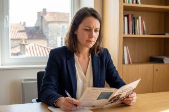 Jeune femme en bureau moderne avec brochure formation