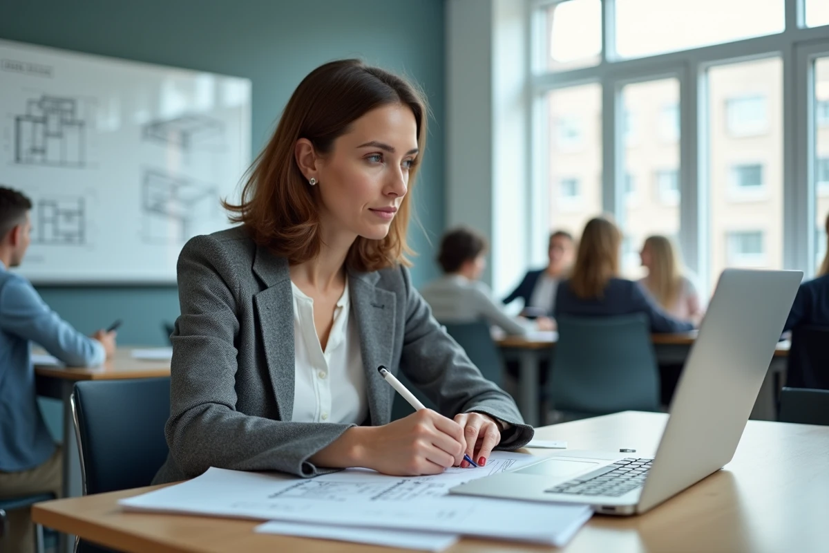Femme adulte en formation professionnelle BTP prenant des notes dans une salle de cours d'un centre de formation avec des plans techniques