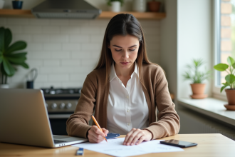 Femme concentrée remplissant des formulaires en ligne à la maison