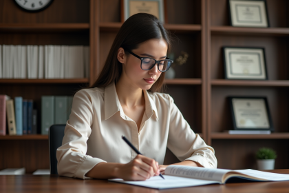 Jeune femme en bureau vérifiant une horloge et prenant des notes