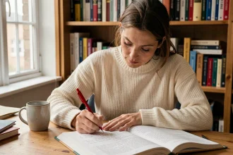 Femme annotant un manuel de grammaire française sur les verbes du 2ème et 3ème groupe à son bureau