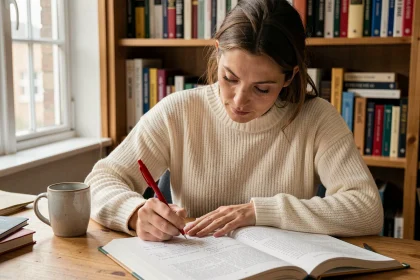 Femme annotant un manuel de grammaire française sur les verbes du 2ème et 3ème groupe à son bureau