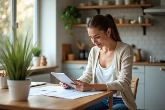 Femme assise à la table avec documents et tablette