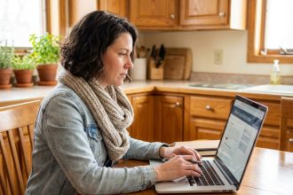 Femme en denim et écharpe remplit un formulaire en ligne