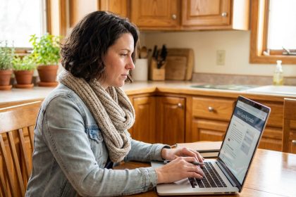 Femme en denim et écharpe remplit un formulaire en ligne