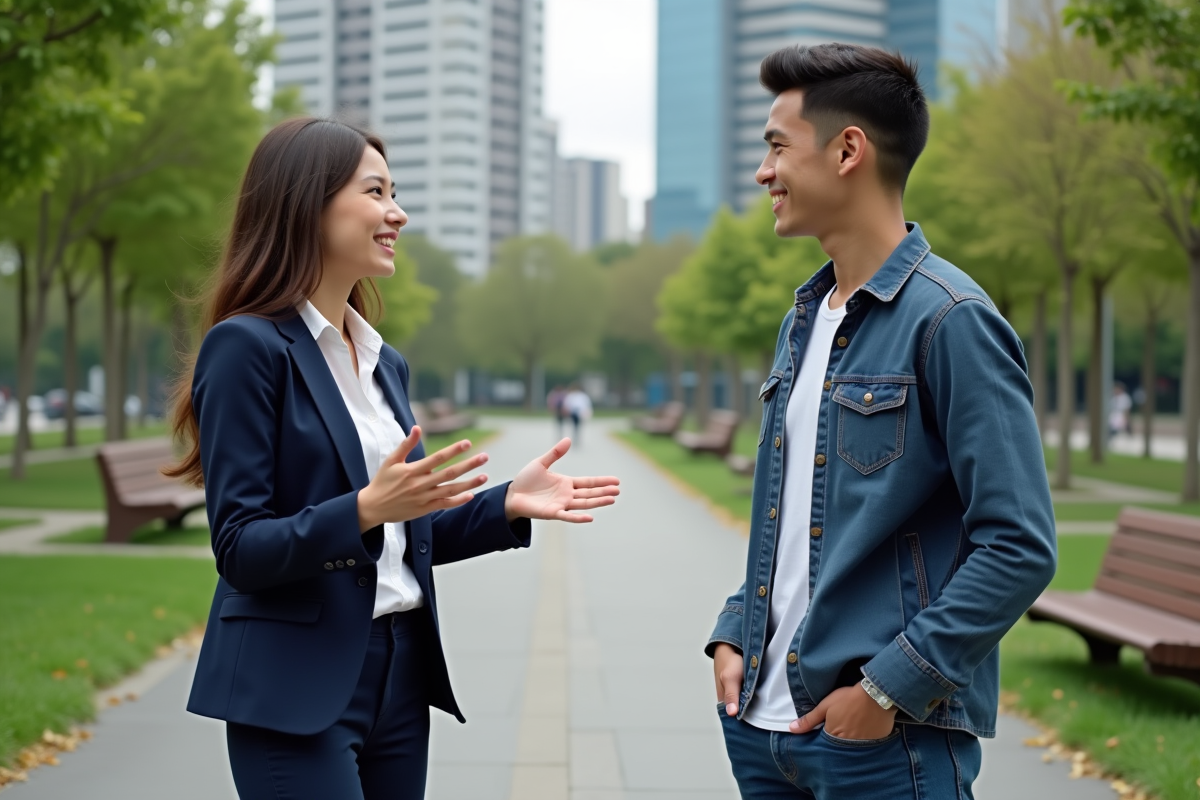 Jeune femme en blazer parlant avec un collègue dans un parc urbain