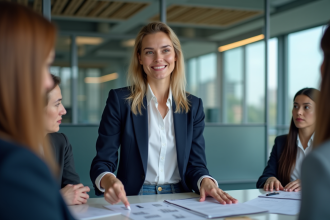 Femme professionnelle en blazer navy présente un projet en réunion