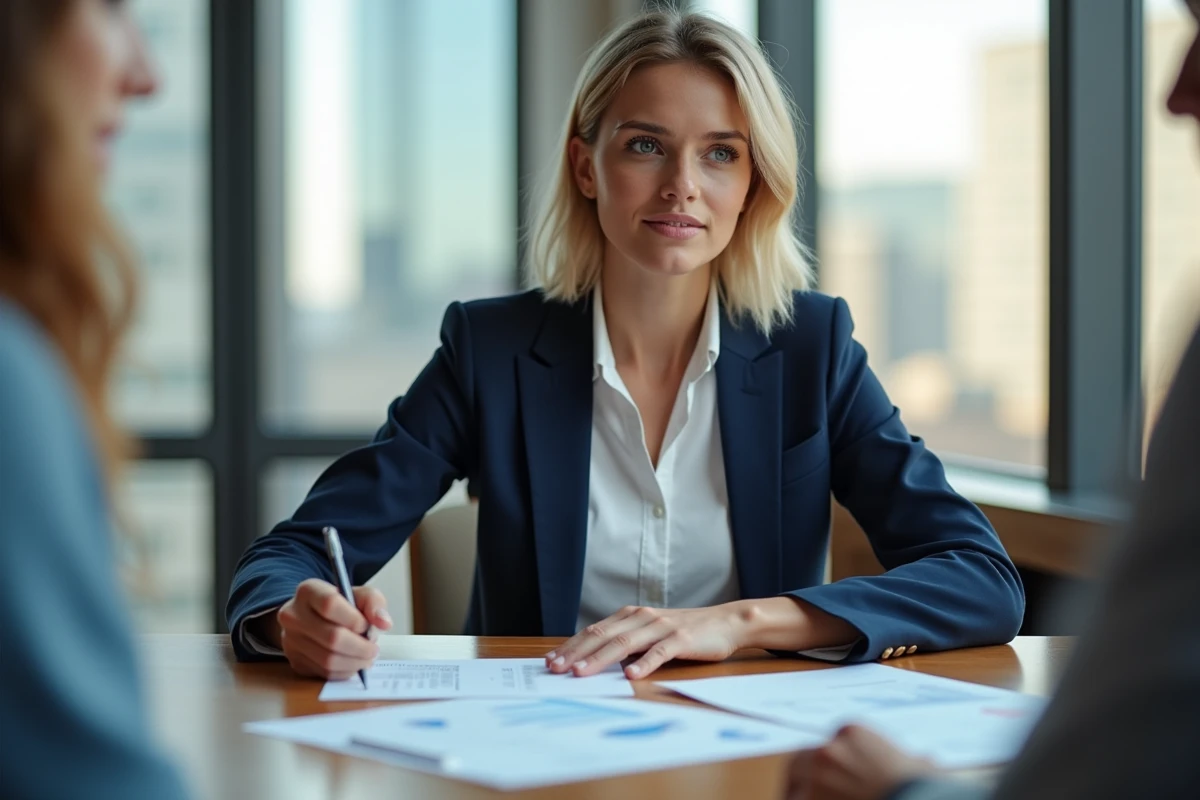 Jeune femme en réunion prenant des notes sur un rapport financier