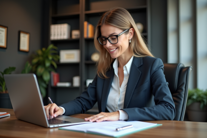 Femme d'affaires en bureau moderne lisant des documents